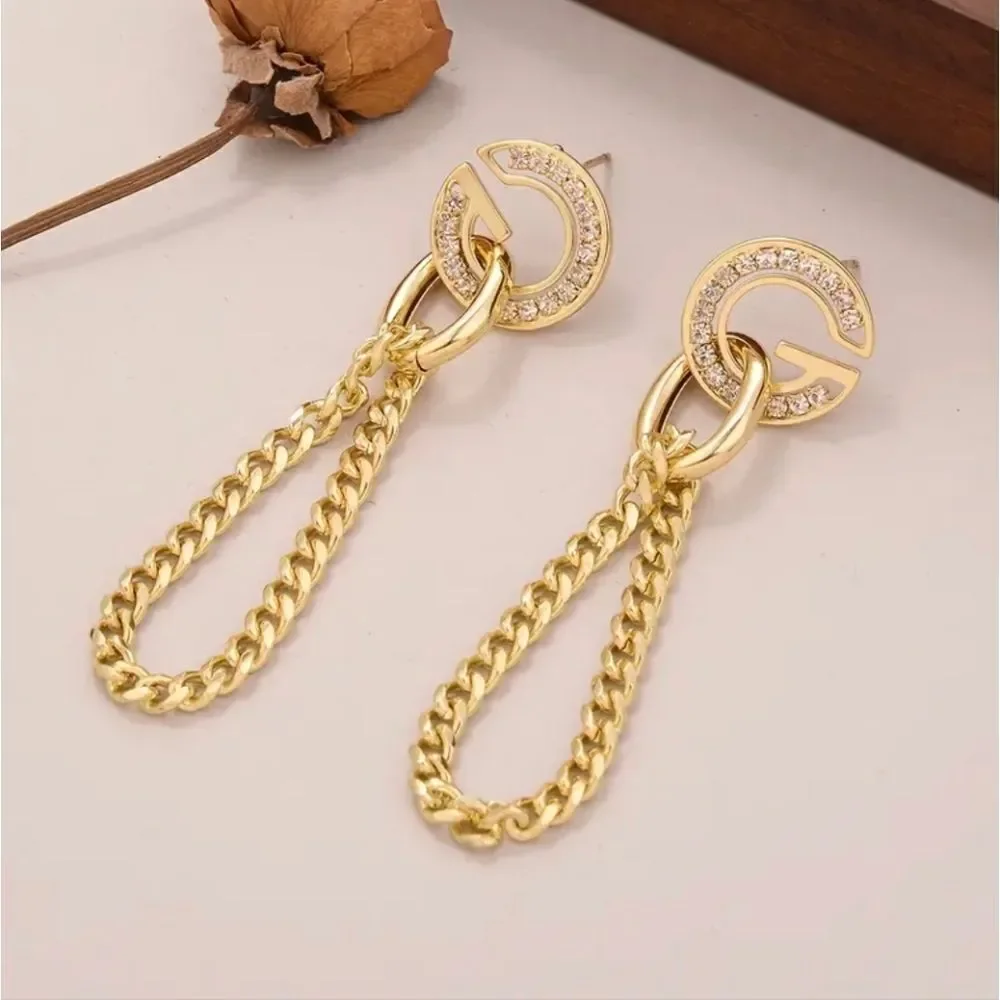 Diamond G 14k Gold Plated Chain Tassel Earrings